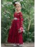 Long Sleeve Burgundy Lace Floor Length Flower Girl Dress